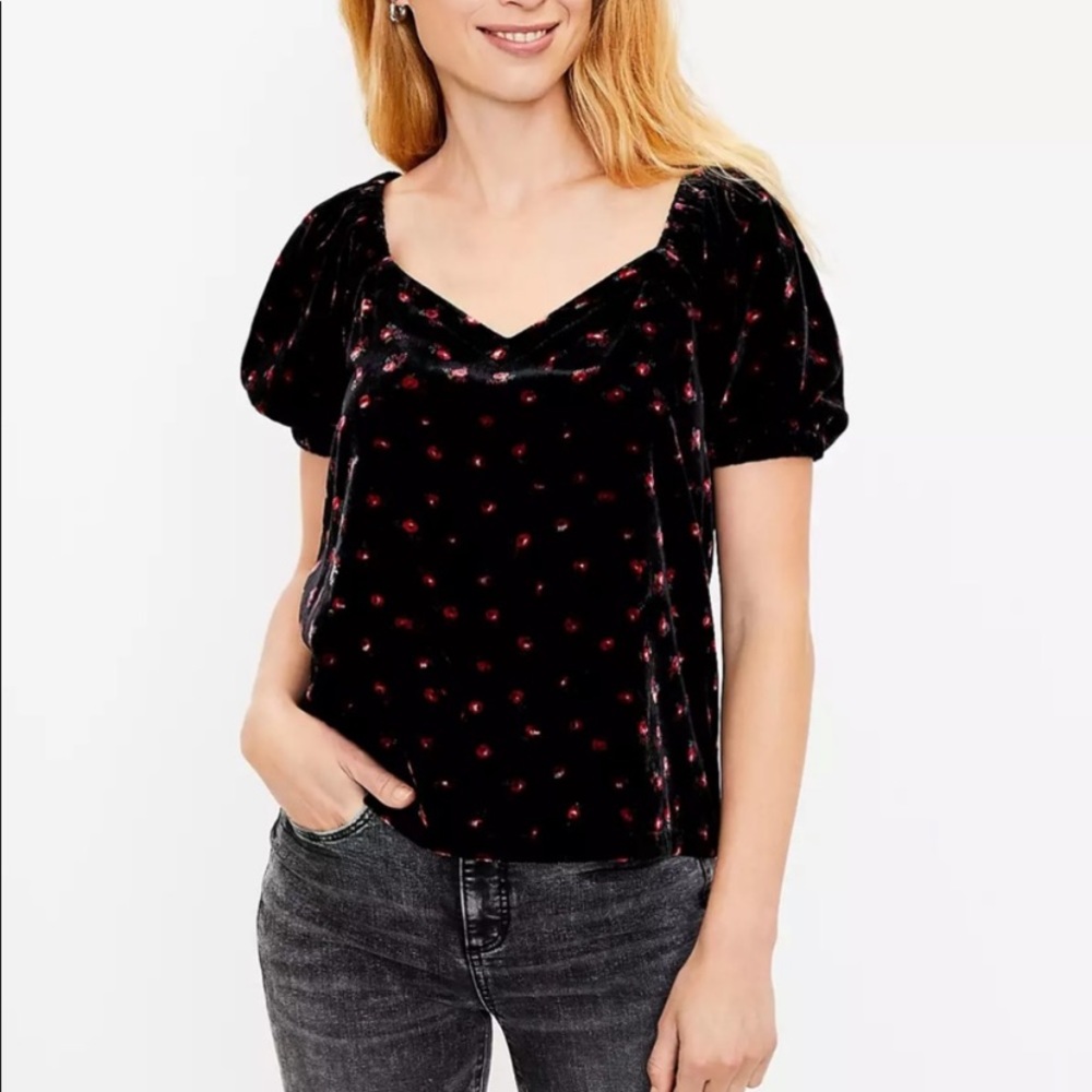 Loft Floral Velvet Puff Sleeve Top, M